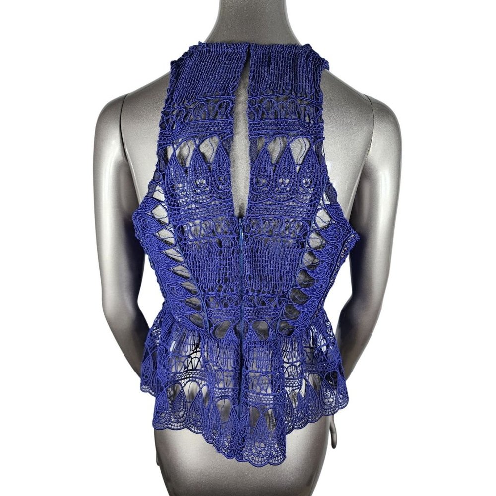 Self Portrait Blue Blouse Top Sheer Lace Cut Out Sleeveless Peplum 6 - Picture 6 of 8